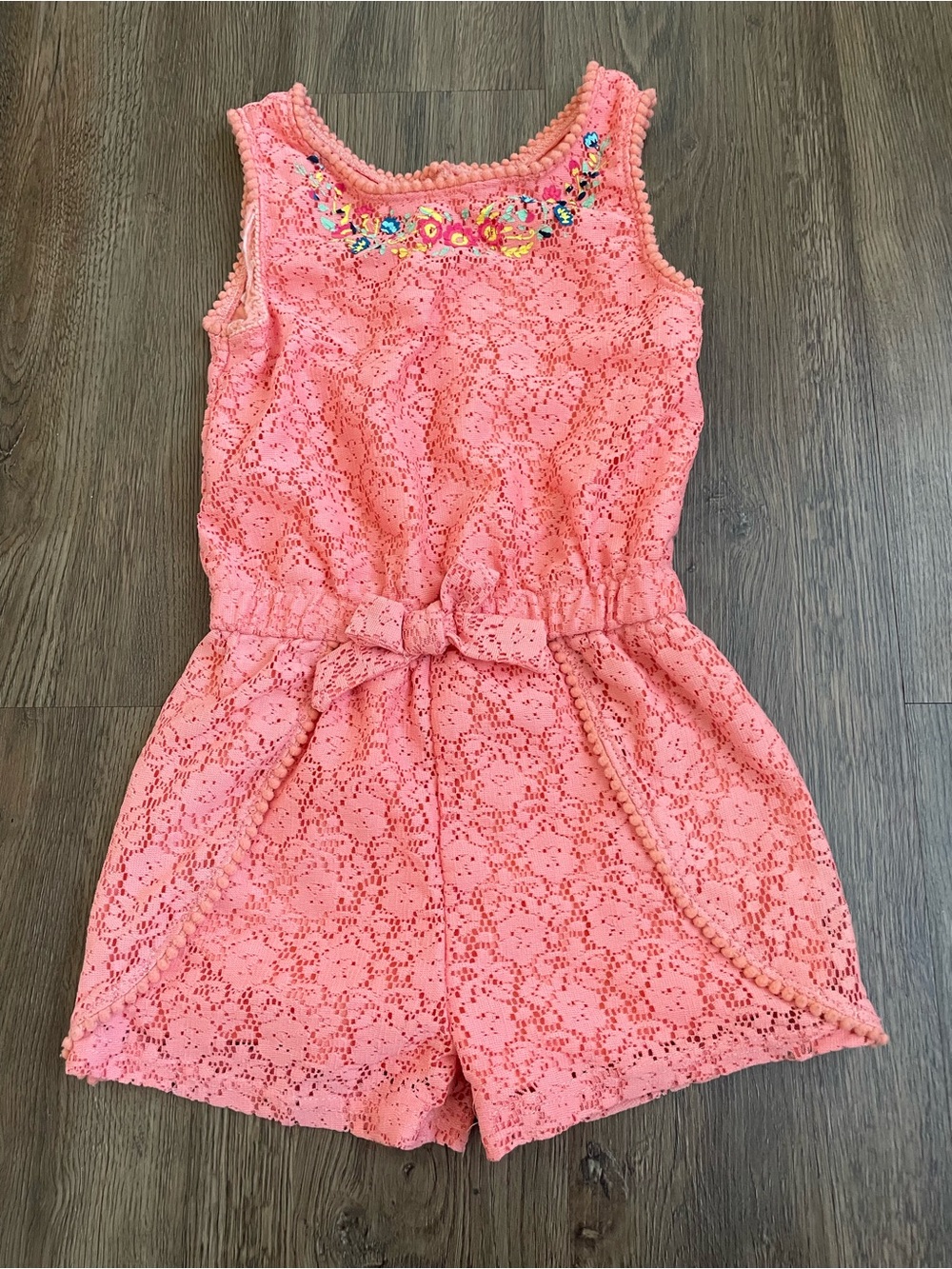Little Lass Girls Coral Lace Romper with Embellished Neckline Size 6X